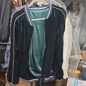 Skies are Blue Green Reversible Velevet/Satin Bomber Jacket with Zip-Up Style